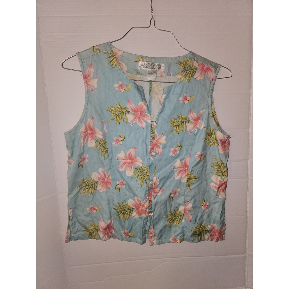 Pineapple Moon large Light Blue Floral Tropical Silk Tank Top Shirt Buttons
